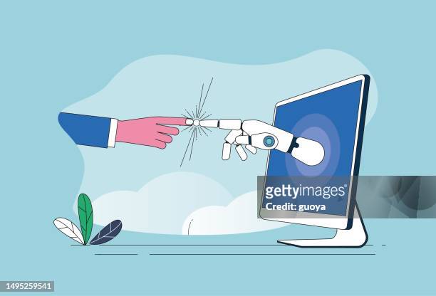 human hands, robot hands, computers, open the future. - technology stock illustrations