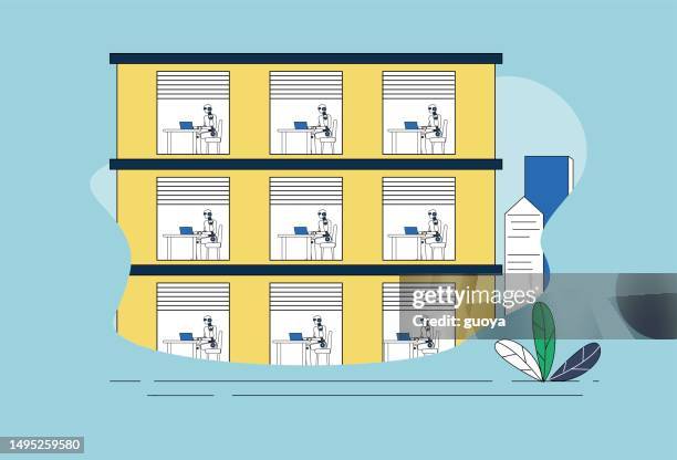 robots replace humans in the office. - software developers team stock illustrations