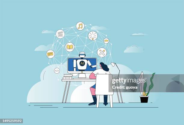 female white-collar workers use ai to work and communicate with ai. - write on image stock illustrations