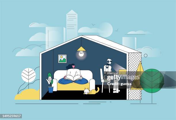 female white-collar worker is resting on the sofa and reading a book, and the robot is working in front of the computer. - house clip art stock illustrations