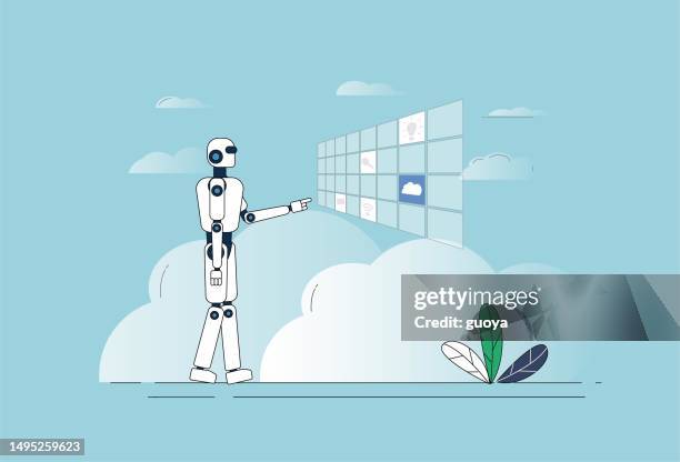 the robot operates the touchscreen. - digital signage display stock illustrations