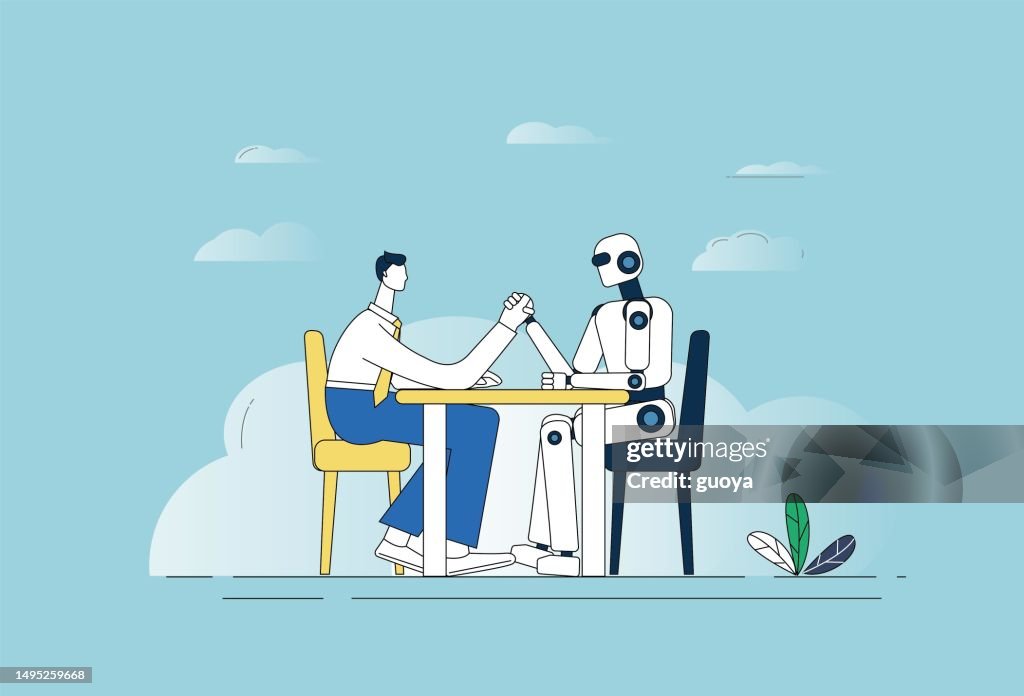 Armdrücken von Mensch und Roboter.