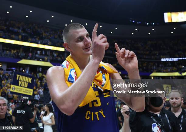 Nikola Jokic of the Denver Nuggets reacts after a 104-93 victory against the Miami Heat in Game One of the 2023 NBA Finals at Ball Arena on June 01,...