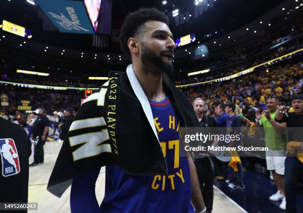 Jamal Murray of the Denver Nuggets reacts after a 104-93 victory against the Miami Heat in Game One of the 2023 NBA Finals at Ball Arena on June 01,...