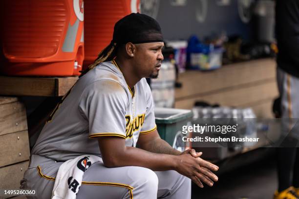Starting pitcher Luis L. Ortiz of the Pittsburgh Pirates sits in the dugout during a game against the Seattle Mariners at T-Mobile Park on May 28,...