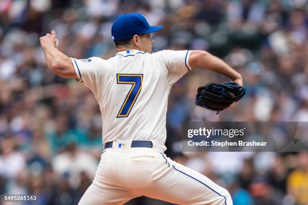 Starter Marco Gonzales of the Seattle Mariners delivers a pitch during a game against the Pittsburgh Pirates at T-Mobile Park on May 28, 2023 in...