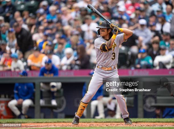 Ji Hwan Bae of the Pittsburgh Pirates waits for a pitch during an at-bat in a game against the Seattle Mariners at T-Mobile Park on May 28, 2023 in...