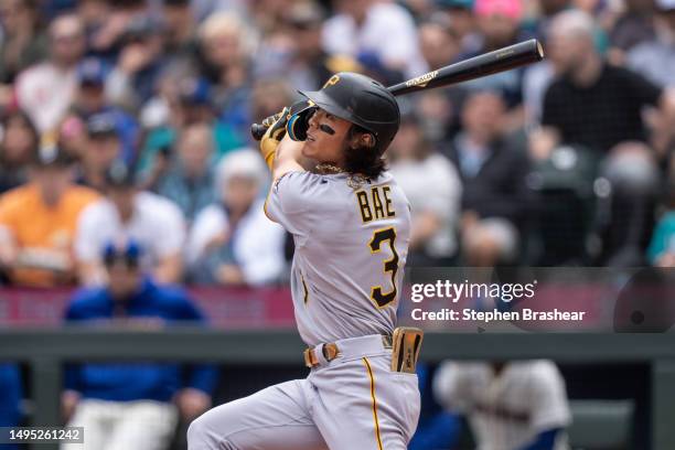 Ji Hwan Bae of the Pittsburgh Pirates takes a swing during an at-bat in a game against the Seattle Mariners at T-Mobile Park on May 28, 2023 in...