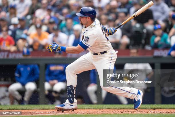 Cal Raleigh of the Seattle Mariners takes a swing during an at-bat in a game against the Pittsburgh Pirates at T-Mobile Park on May 28, 2023 in...