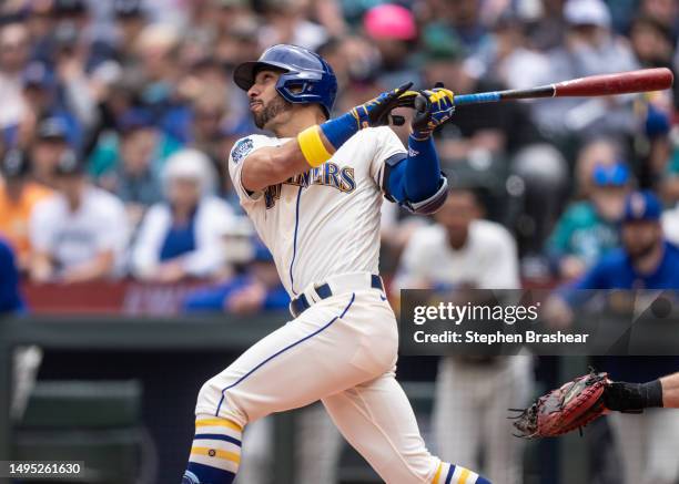 Jose Caballero of the Seattle Mariners takes a swing during an at-bat in a game against the Pittsburgh Pirates at T-Mobile Park on May 28, 2023 in...