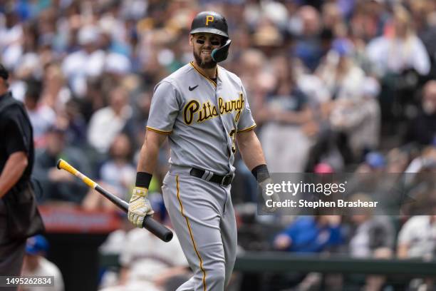 Chris Owings of the Pittsburgh Pirates walks off the field after an at-bat during a game against the Seattle Mariners at T-Mobile Park on May 28,...