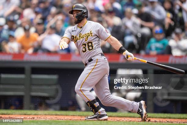 Chris Owings of the Pittsburgh Pirates takes a swing during an at-bat in a game against the Seattle Mariners at T-Mobile Park on May 28, 2023 in...