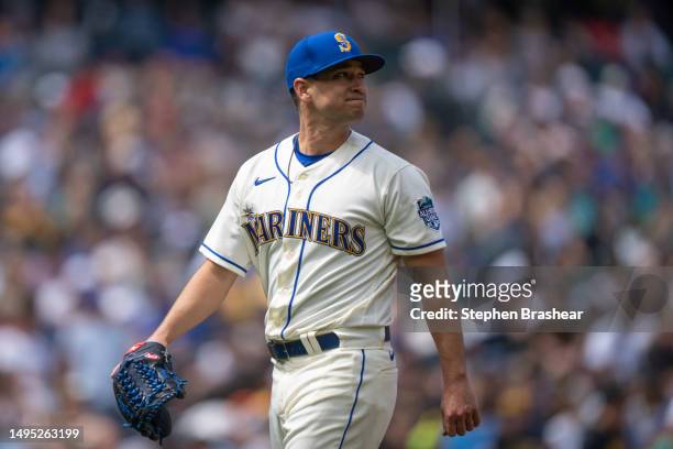 Starting pitcher Marco Gonzales of the Seattle Mariners walks off the field during a game against the Pittsburgh Pirates at T-Mobile Park on May 28,...