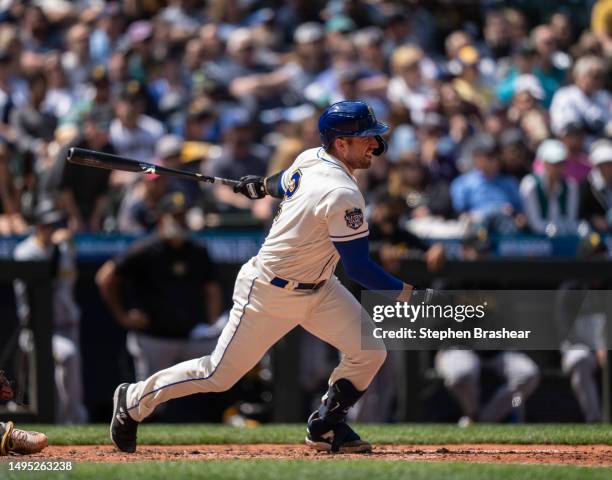 Tom Murphy of the Seattle Mariners takes a swing during an at-bat in a game against the Pittsburgh Pirates at T-Mobile Park on May 28, 2023 in...