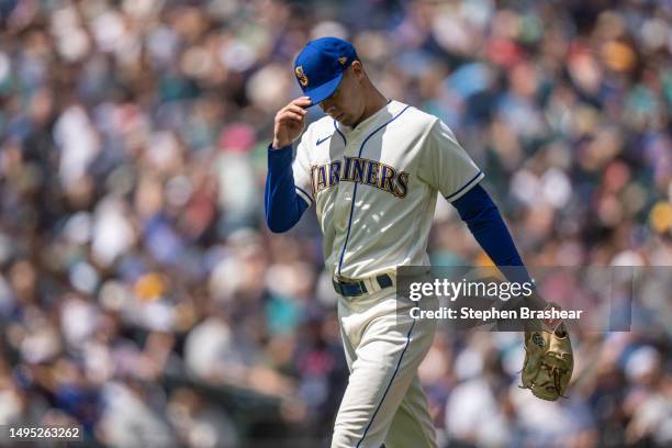 Relief pitcher Matt Brash of the Seattle Mariners walks off the field during a game against the Pittsburgh Pirates at T-Mobile Park on May 28, 2023...