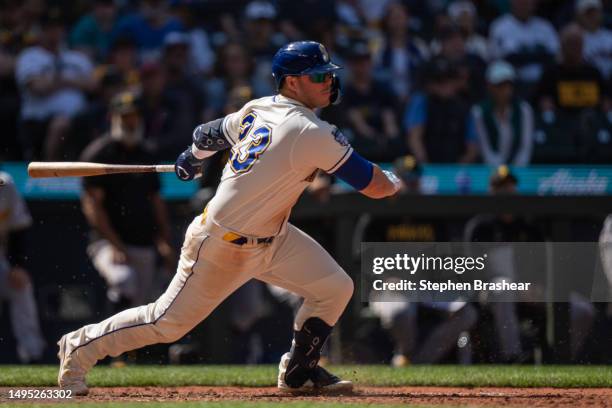 Ty France of the Seattle Mariners takes a swing during an at-bat in a game against the Pittsburgh Pirates at T-Mobile Park on May 28, 2023 in...