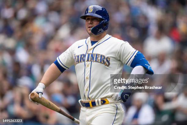 Ty France of the Seattle Mariners walks to the plate for an at-bat during a game against the Pittsburgh Pirates at T-Mobile Park on May 28, 2023 in...