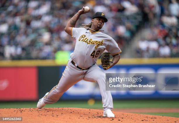Starter Luis L. Ortiz of the Pittsburgh Pirates delivers a pitch during a game against the Seattle Mariners at T-Mobile Park on May 28, 2023 in...