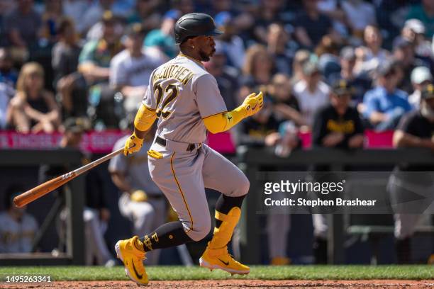 Andrew McCutchen of the Pittsburgh Pirates takes a swing during an at-bat in a game against the Seattle Mariners at T-Mobile Park on May 28, 2023 in...