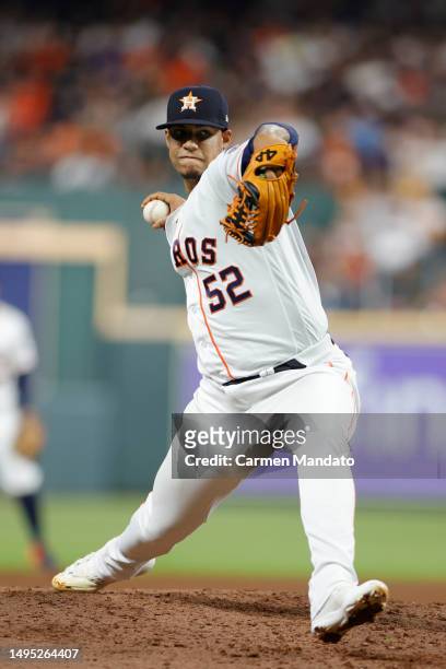Bryan Abreu of the Houston Astros delivers during the sixth inning against the Los Angeles Angels at Minute Maid Park on June 01, 2023 in Houston,...
