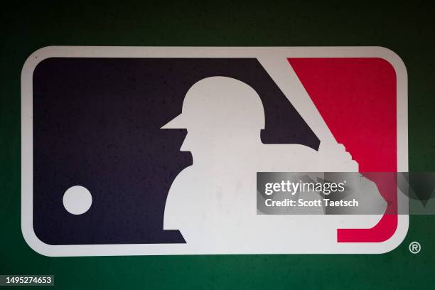 General view of the MLB logo in the dugout before the game between the Washington Nationals and the San Diego Padres at Nationals Park on May 24,...