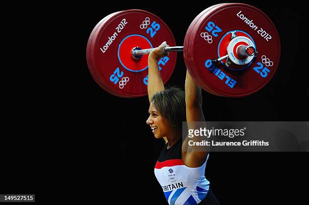 Zoe Smith of Great Britain competes in the Women's 58kg Weightlifting on Day 3 of the London 2012 Olympic Games at ExCeL on July 30, 2012 in London,...