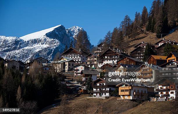 The small village Colle Santa Lucia with a snowy mountain in the background on March 9, 2012 near Cortina D'Ampezzo, Northern Italy. The Cinque Torri...