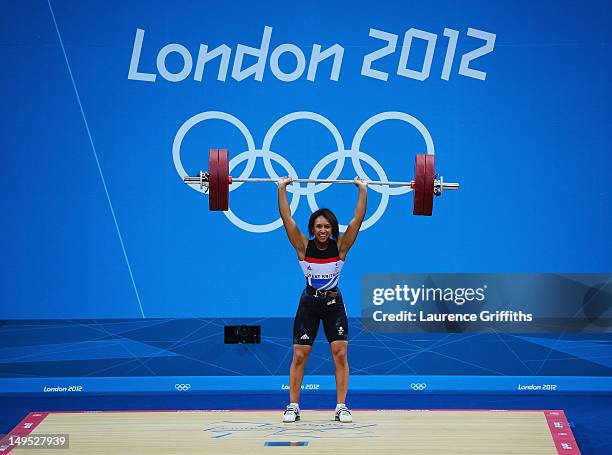 Zoe Smith of Great Britain competes in the Women's 58kg Weightlifting on Day 3 of the London 2012 Olympic Games at ExCeL on July 30, 2012 in London,...