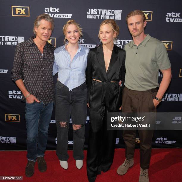 Timothy Olyphant, Vivian Olyphant, Adelaide Clemens and Boyd Holbrook attend the opening night of the 2023 ATX TV Festival at Stateside at the...