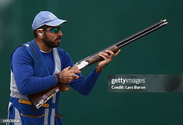 Efthimios Mitas of Greece competes in the Men's Skeet Shooting qualification on Day 3 of the London 2012 Olympic Games at The Royal Artillery...