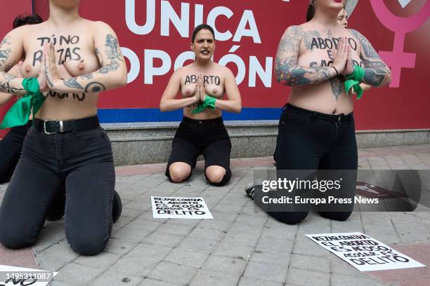 Activists rally at the door of the 'Pro Vida' shelter, on 02 June, 2023 in Madrid, Spain. Femen Spain has called a demonstration today to denounce...