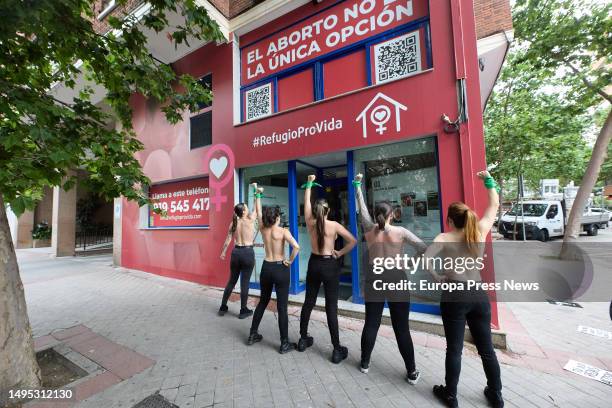 Activists rally at the door of the 'Pro Vida' shelter, on 02 June, 2023 in Madrid, Spain. Femen Spain has called a demonstration today to denounce...