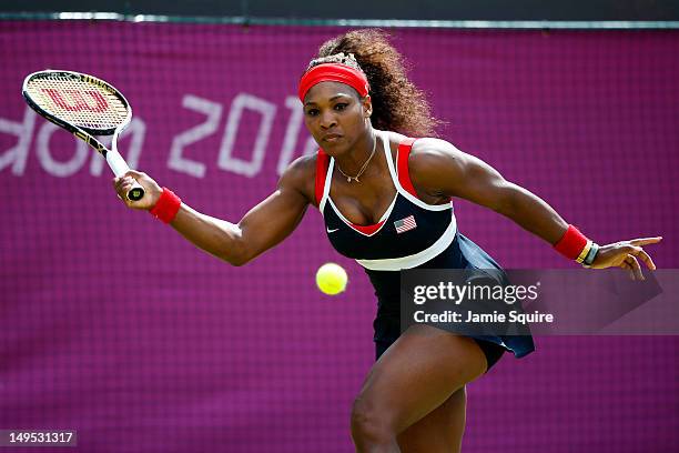 Serena Williams of the United States plays a forehand during the Women's Singles Tennis match against Urszula Radwanska of Poland on Day 3 of the...