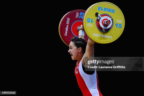 Romela Begaj of Albania competes in the Women's 58kg Weightlifting on Day 3 of the London 2012 Olympic Games at ExCeL on July 30, 2012 in London,...