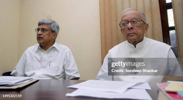 Communist Party of India -Marxist General Secretary Prakash Karat with former West Bengal Chief Minister Jyoti Basu during Politburo meeting in New...