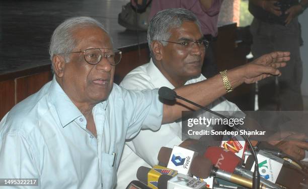 Communist Party of India leader A.B.Vardhan and D.Raja at the CPI headquarter where they addressed a press conference to announce their alliance with...