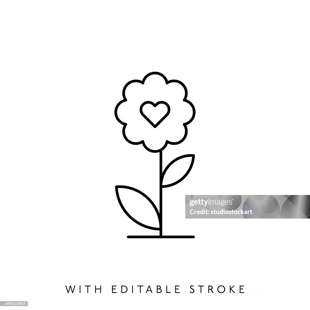 Flower with heart shape line icon editable stroke