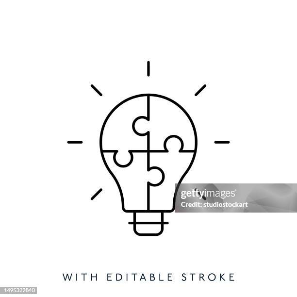 stockillustraties, clipart, cartoons en iconen met light bulb with jigsaw puzzle line icon editable stroke - samen
