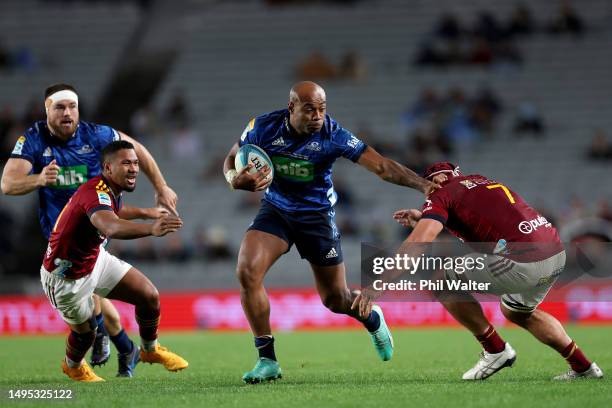 Mark Telea of the Blues makes a break during the round 15 Super Rugby Pacific match between Blues and Highlanders at Eden Park, on June 02 in...