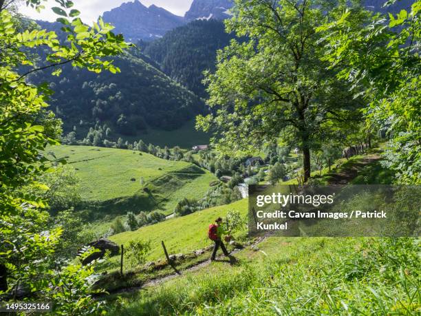 woman hiking in the high pyrenees on a single trail with view over cirque de gavarnie, france - hautes pyrénées stock pictures, royalty-free photos & images