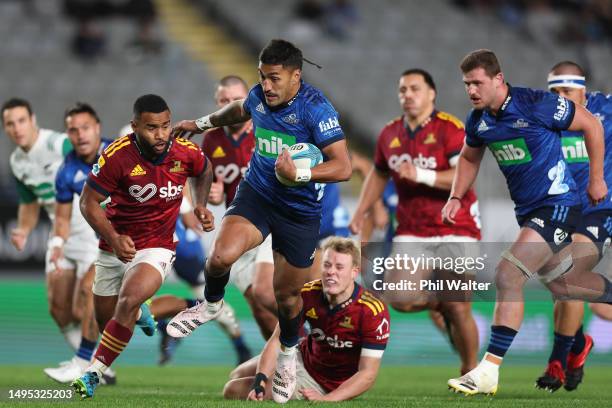 Rieko Ioane of the Blues makes a break during the round 15 Super Rugby Pacific match between Blues and Highlanders at Eden Park, on June 02 in...