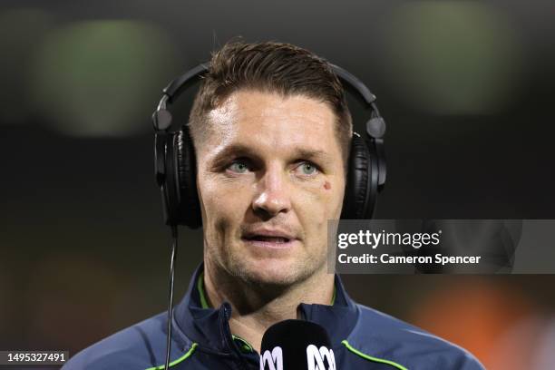 Jarrod Croker of the Raiders is interviewed before the round 14 NRL match between Wests Tigers and Canberra Raiders at Campbelltown Stadium on June...