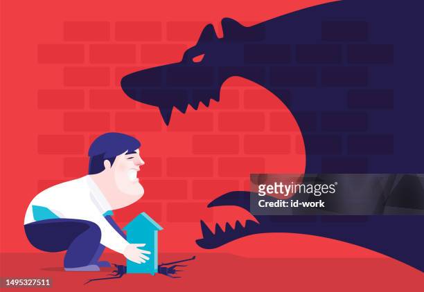 stockillustraties, clipart, cartoons en iconen met businessman pulling arrow symbol trapped on cracked ground and facing furious beast shadow - bear attacking