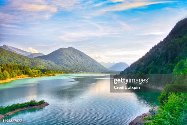 sylvenstein lake at sunset, germany - sylvenstein lake bildbanksfoton och bilder