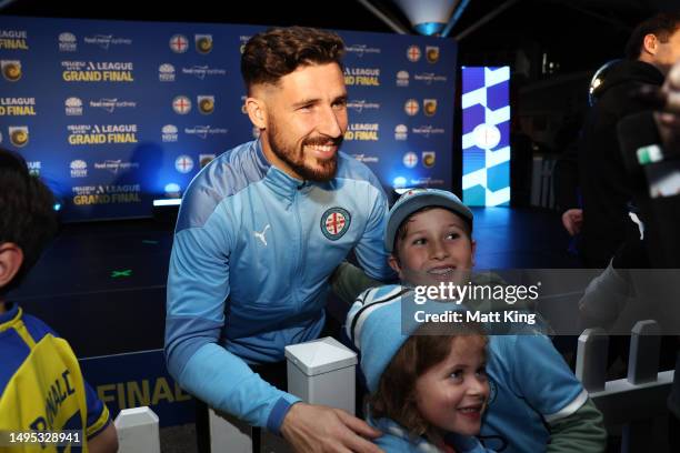Mathew Leckie of Melbourne City interacts with fans during the A-League Men's Grand Final Media Opportunity at Moore Park, on June 02 in Sydney,...