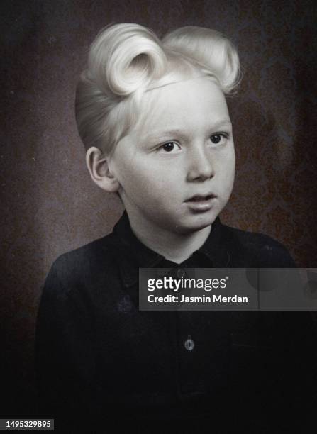 vintage retro photo of little boy with crazy hairstyle - 80s hair bildbanksfoton och bilder