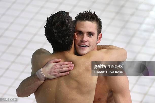Nicholas Mccrory and David Boudia of the United States react during the Men's Synchronised 10m Platform Diving on Day 3 of the London 2012 Olympic...