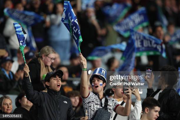 Blues fans during the round 15 Super Rugby Pacific match between Blues and Hurricanes at Eden Park, on June 02 in Auckland, New Zealand.