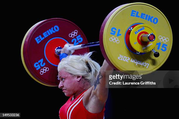 Boyanka Kostova of Azerbaijan competes in the Women's 58kg Weightlifting on Day 3 of the London 2012 Olympic Games at ExCeL on July 30, 2012 in...