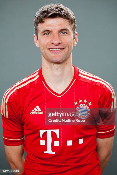 Thomas Mueller poses during the Bayern Muenchen team presentation at Bayern's training ground Saebener Strasse on July 30, 2012 in Munich, Germany.Ê
